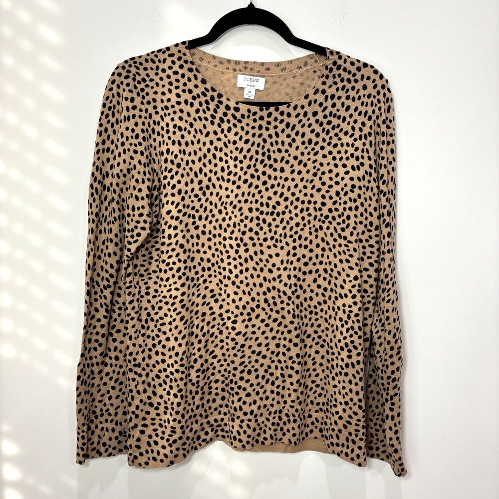 J Crew Teddie Sweater Leopard Print Women M Cotton Tan Preppy Old Money Bold